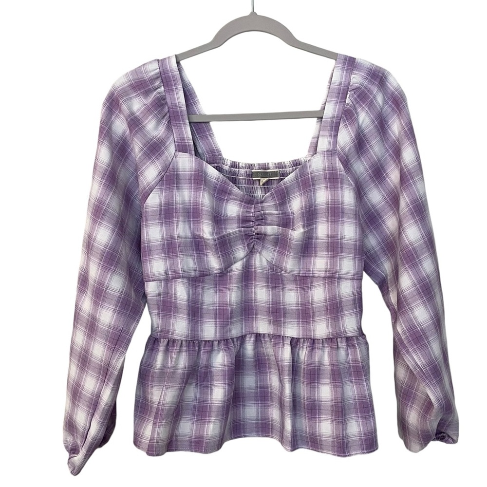 Anthropologie Pleione Brand Purple Plaid Peplum Top Size Small